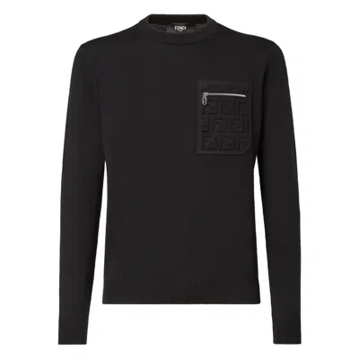 Fendi Knit Sweater With Ribbed Cuffs And Pocket In Black