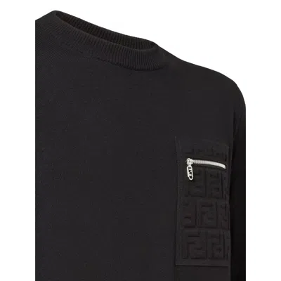 Fendi Knit Sweater With Ribbed Cuffs And Pocket In Black