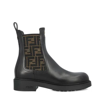 Fendi Filo Leather And Ff Fabric Biker Boots Shoes In Black