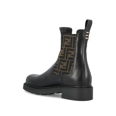Fendi Filo Leather And Ff Fabric Biker Boots Shoes In Black