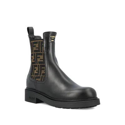 Fendi Filo Leather And Ff Fabric Biker Boots Shoes In Black