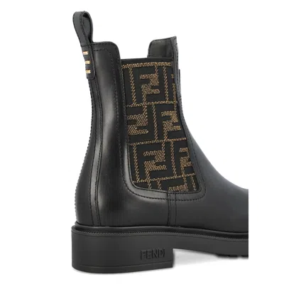 Fendi Filo Leather And Ff Fabric Biker Boots Shoes In Black
