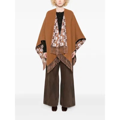 Fendi Biscuit Wool Blend Reversible Cape In Brown