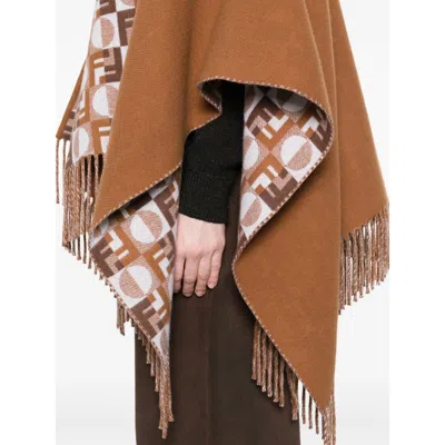 Fendi Biscuit Wool Blend Reversible Cape In Brown