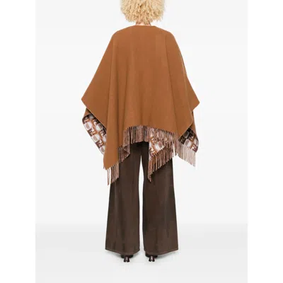 Fendi Biscuit Wool Blend Reversible Cape In Brown