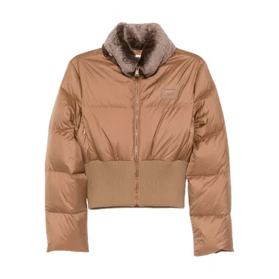 Fendi Short Padded Down Jacket With Shearling Collar Clothing In Brown