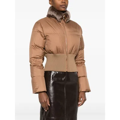 Fendi Short Padded Down Jacket With Shearling Collar Clothing In Brown