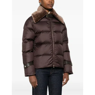 Fendi Women Brown Down Jacket With Shearling Collar And Logo Patch On The Front In Tech Fabric Woman In Brown