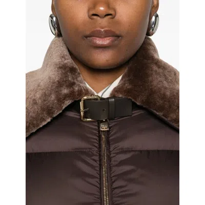 Fendi Women Brown Down Jacket With Shearling Collar And Logo Patch On The Front In Tech Fabric Woman In Brown
