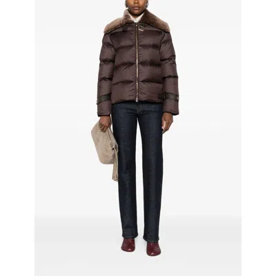 Fendi Women Brown Down Jacket With Shearling Collar And Logo Patch On The Front In Tech Fabric Woman In Brown