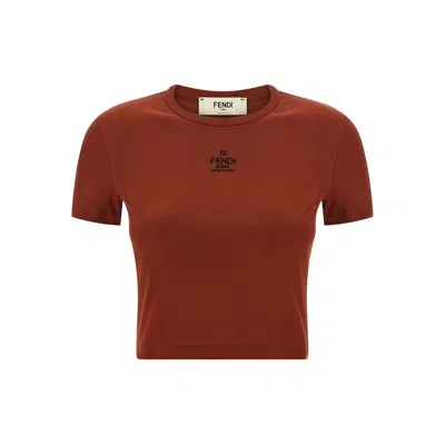 Fendi Embroidered Logo Short Sleeve Top In Brown