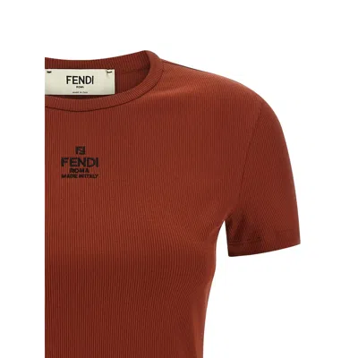 Fendi Embroidered Logo Short Sleeve Top In Brown