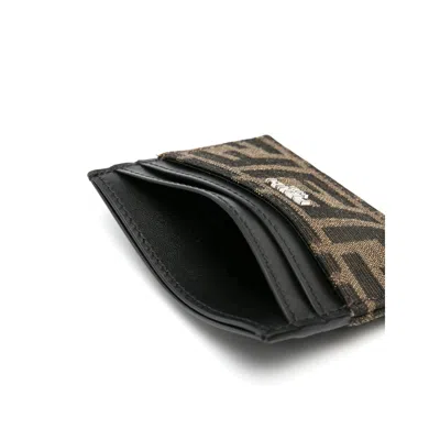 Fendi Men Leather Card Holder With Ff Jacquard Fabric Inserts In Brown