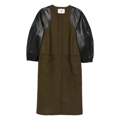 Fendi Long Coat With Belted Waist And Pockets In Green