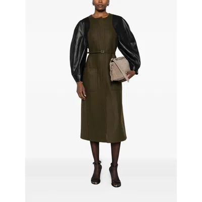Fendi Long Coat With Belted Waist And Pockets In Green