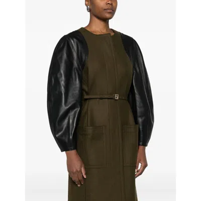Fendi Long Coat With Belted Waist And Pockets In Green