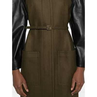 Fendi Long Coat With Belted Waist And Pockets In Green