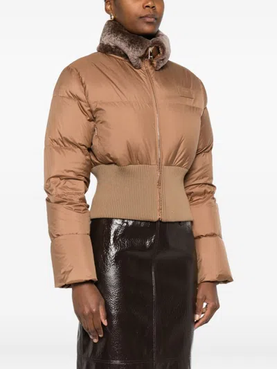 Fendi Short Padded Down Jacket With Shearling Collar Clothing In Brown
