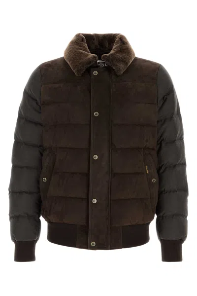 Moorer Viani Suede Padded Jacket With Shearling Collar In Brown