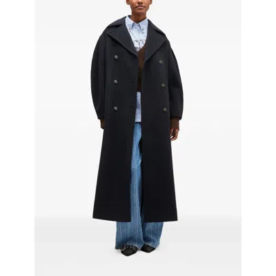 Ganni Balloon-sleeves Double-breasted Coat In Blue