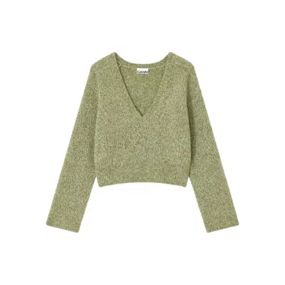 Ganni Textured Wool Blend V-neck Sweater In Green
