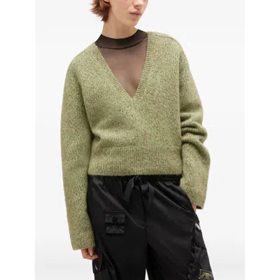 Ganni Textured Wool Blend V-neck Sweater In Green