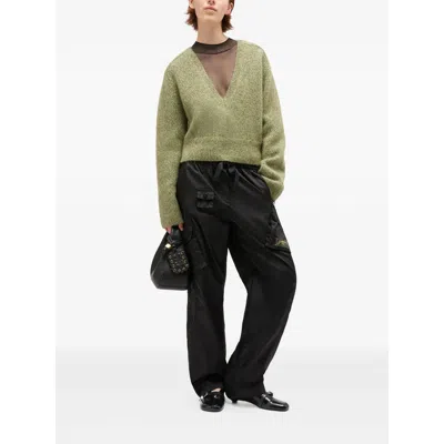 Ganni Textured Wool Blend V-neck Sweater In Green