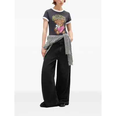 Ganni Women Black Crewneck T-shirt With Maxi Logo On The Front In Cotton Jersey Woman In Gray