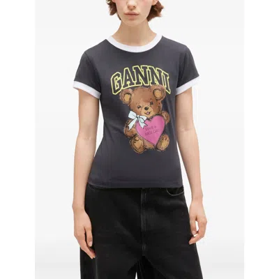 Ganni Women Black Crewneck T-shirt With Maxi Logo On The Front In Cotton Jersey Woman In Gray