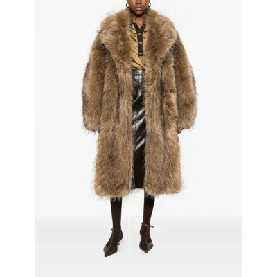 Ganni Notched-lapel Faux-fur Coat In Brown