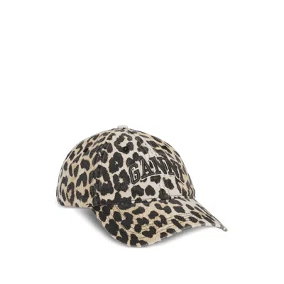 Ganni Leopard-print Canvas Baseball Cap Women In Brown