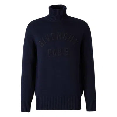 Givenchy Turtleneck Sweater In Cotton With Paris Embroidery Clothing In Blue