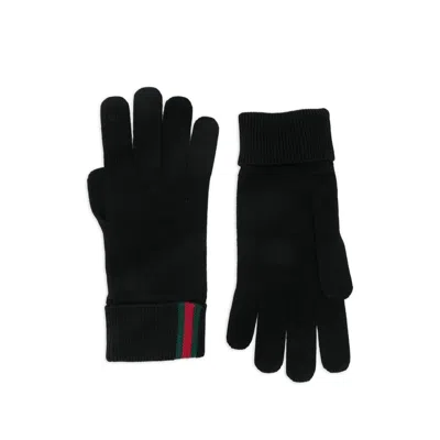 Gucci Knit Gloves With Ribbed Cuffs And Stripes In Black