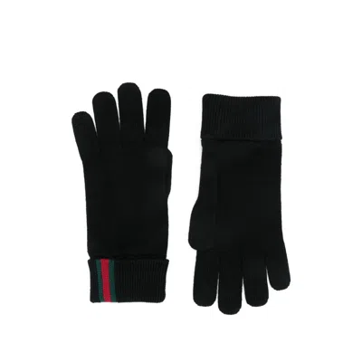 Gucci Knit Gloves With Ribbed Cuffs And Stripes In Black