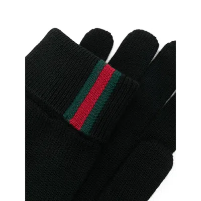 Gucci Knit Gloves With Ribbed Cuffs And Stripes In Black