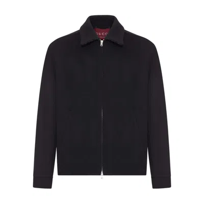 Gucci Men Black Jacket With Classic Collar And Web Motif On The Waist In Cotton Man
