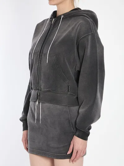 Alexander Wang Cropped Zip-up Hoodie With Crystal Hotfix Drawcord In Gray