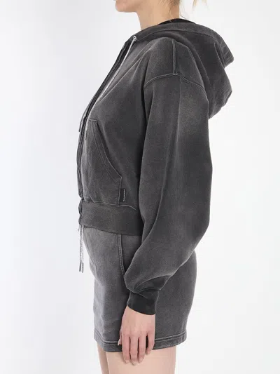 Alexander Wang Cropped Zip-up Hoodie With Crystal Hotfix Drawcord In Gray