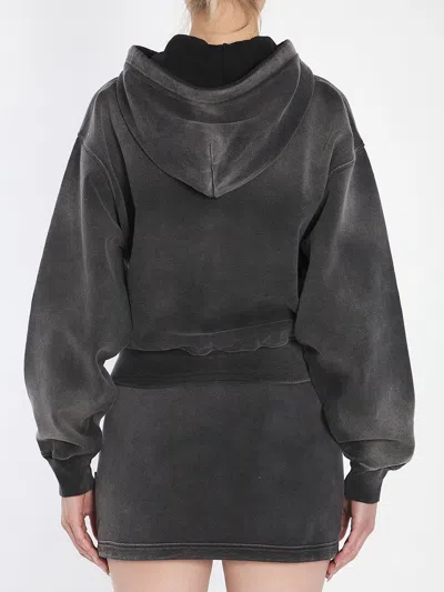 Alexander Wang Cropped Zip-up Hoodie With Crystal Hotfix Drawcord In Gray