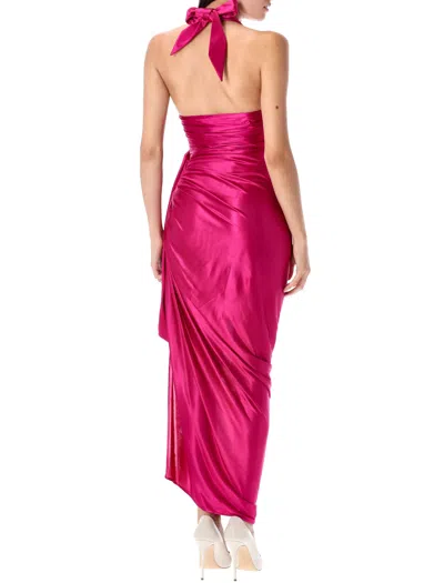 Balmain Long Satin Draped Halter Neck Dress In Pink