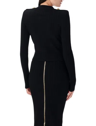 Balmain Long Sleeves Ribbed And Cable-knit Cardigan In Black