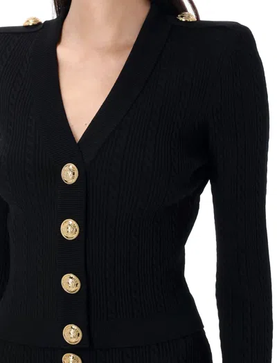 Balmain Long Sleeves Ribbed And Cable-knit Cardigan In Black