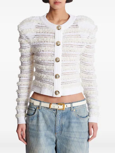 Balmain Tweed Knit Cardigan Featuring Shoulder Pads In White