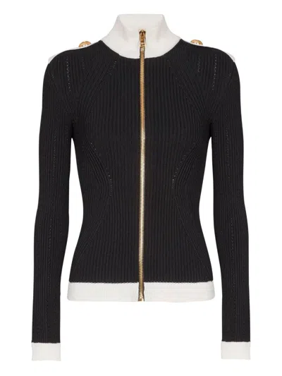 Balmain Zipped Turtleneck Knit Cardigan In Black