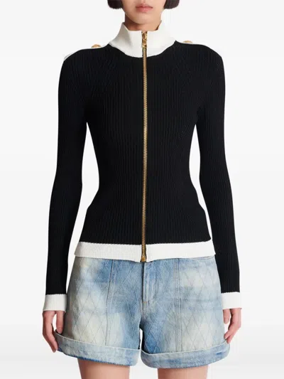 Balmain Zipped Turtleneck Knit Cardigan In Black