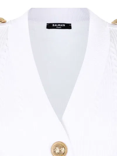 Balmain V-neck Cable Knit Cardigan With Gold-tone Buttons In White