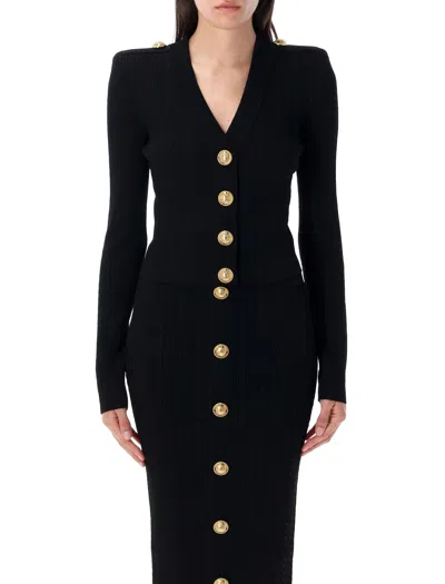Balmain Long Sleeves Ribbed And Cable-knit Cardigan In Black