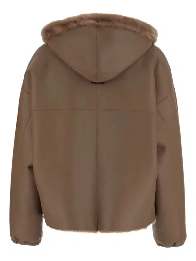 Blancha Reversible Shearling Jacket With Drawstring Hood In Brown