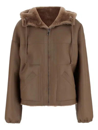 Blancha Reversible Shearling Jacket With Drawstring Hood In Brown