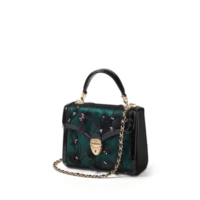 Aspinal Of London Midi Mayfair Emerald Satin With Hand Embroidered Black Tulle In Green
